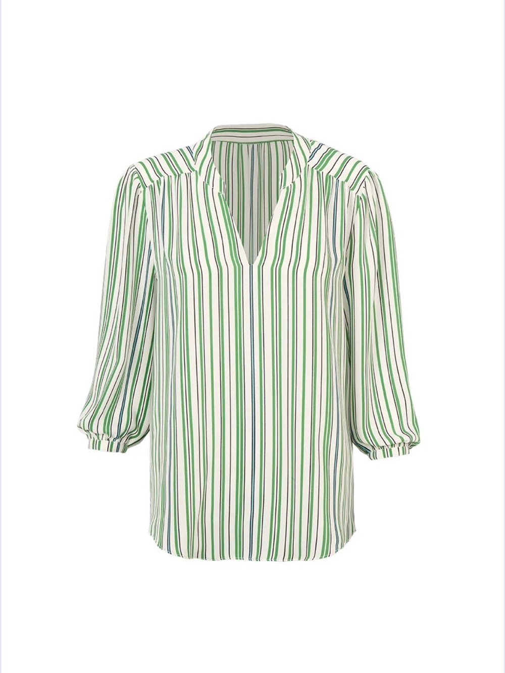 CAbi Striped V-Neck 3/4 Sleeve Blouse - Green/White Sz. L